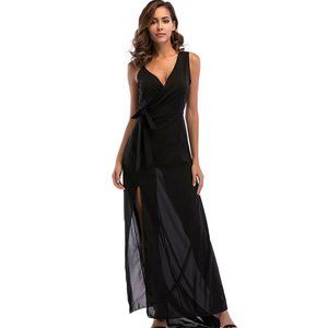 Black Fashion Simple Style Solid Color Deep V-Neck Sleeveless Long Side Split St